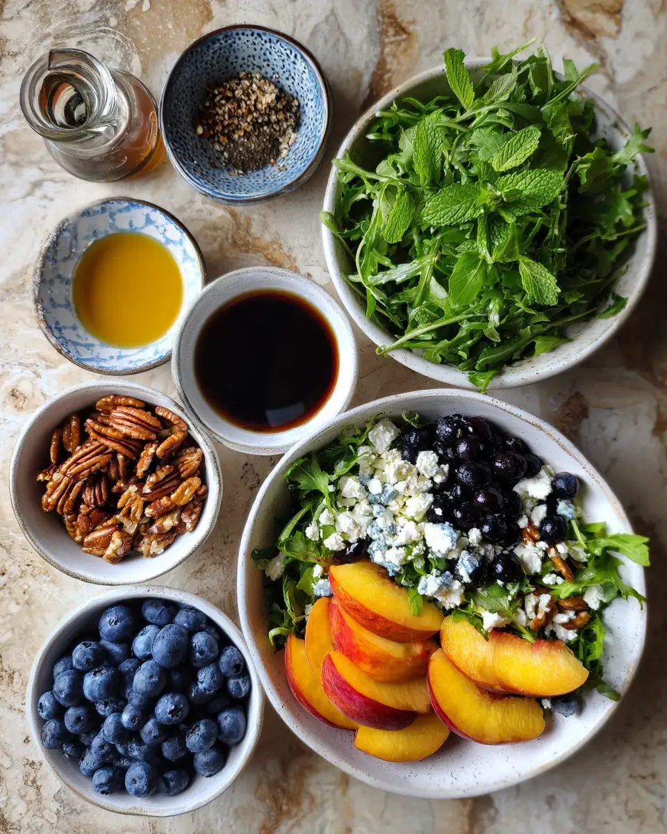 Ingredients for Summer Bliss in a Bowl with Blueberry Peach Feta Salad