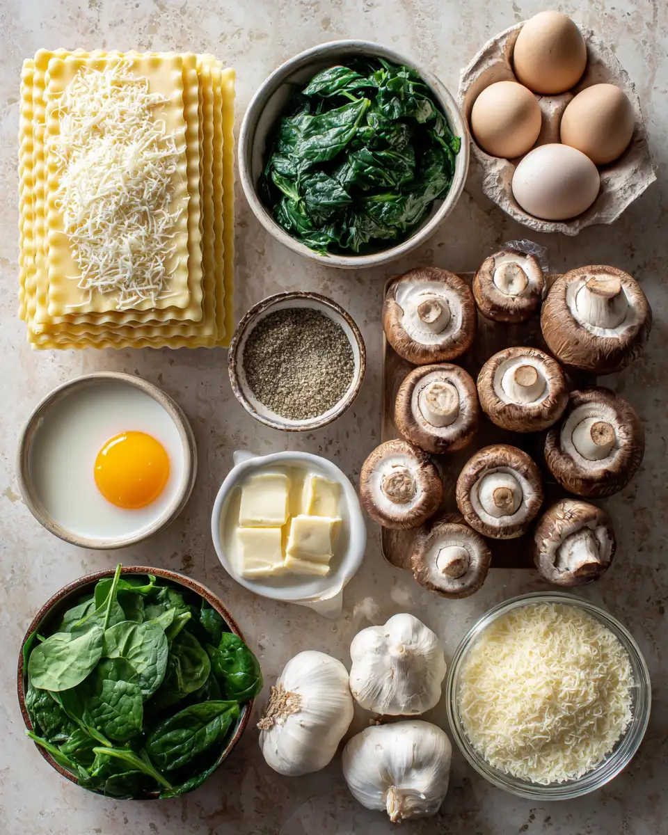 Ingredients for Decadent Layers: Dive into Creamy Spinach Mushroom Lasagna Delight