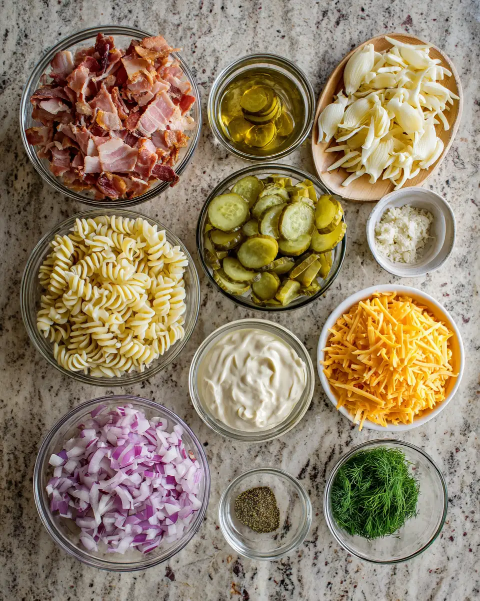 Ingredients for Zesty Dill Pickle Bacon Pasta Salad: A Flavor Explosion in Every Bite