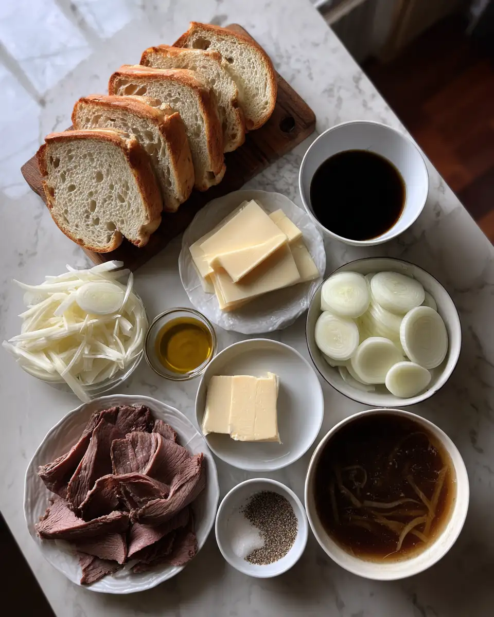 Ingredients for Ultimate French Dip Grilled Cheese Bliss
