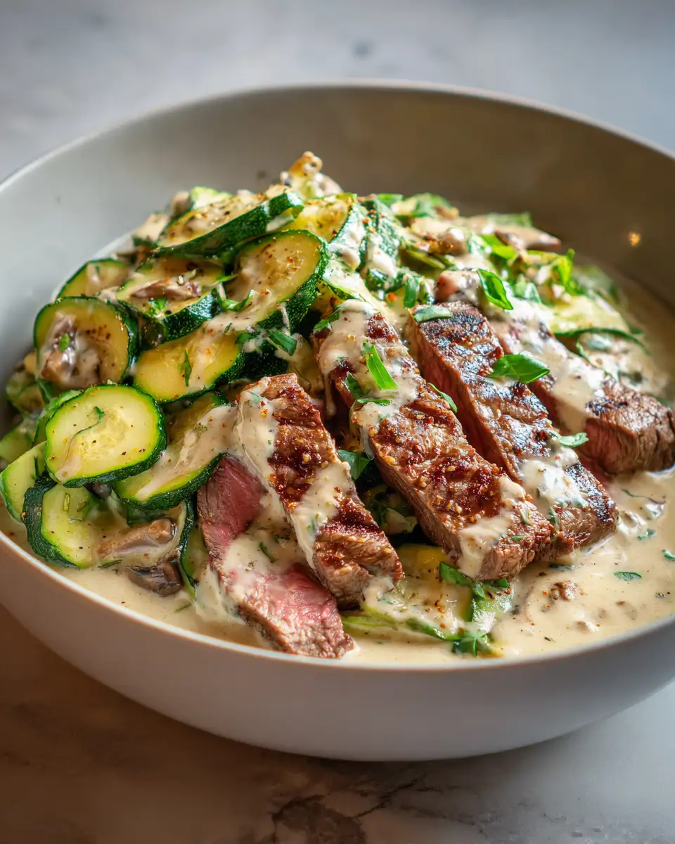 Final dish - Savor the Flavor: Grilled Steak Bowl with Creamy Sauce and Zucchini