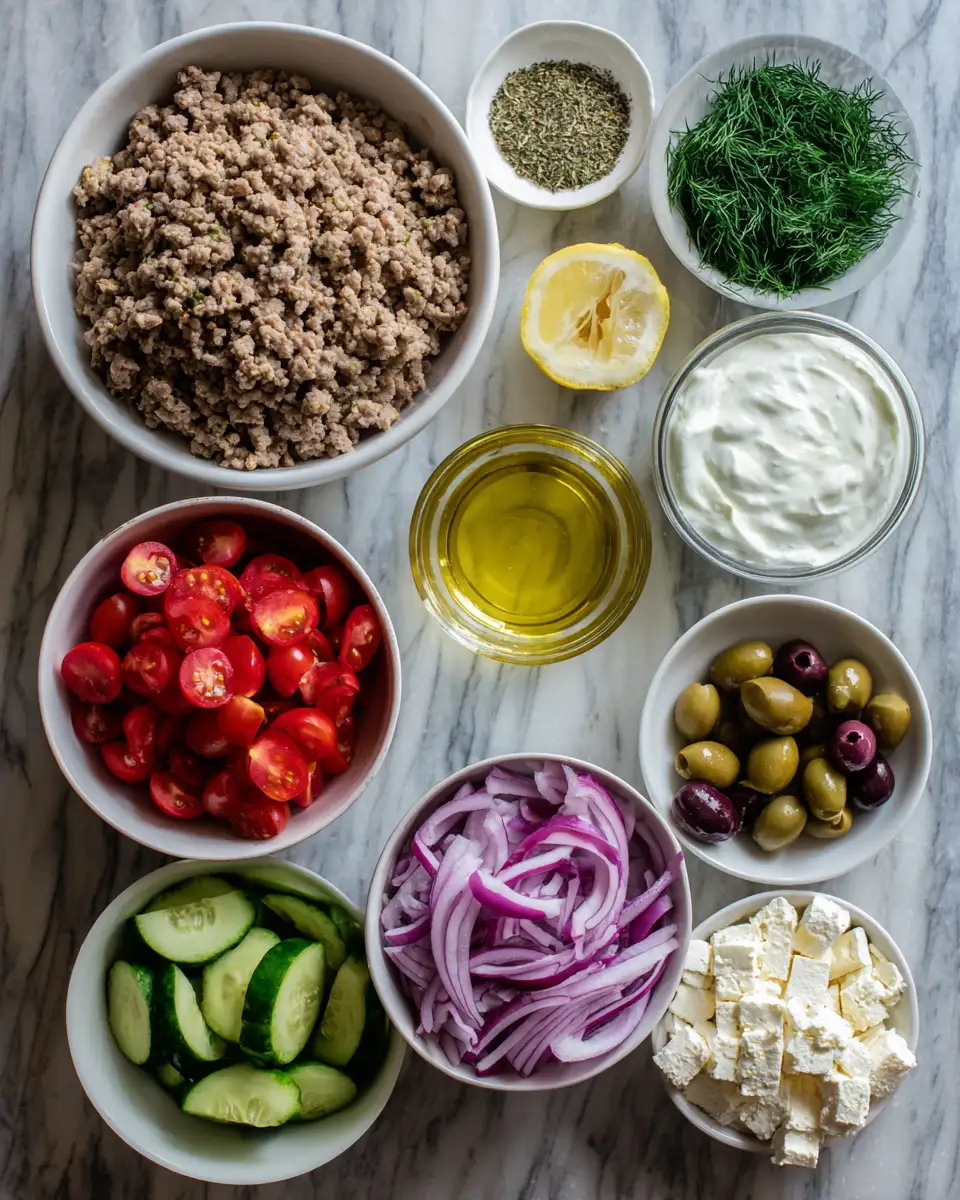 Ingredients for Quick and Flavorful Gyro Bowls with Ground Turkey