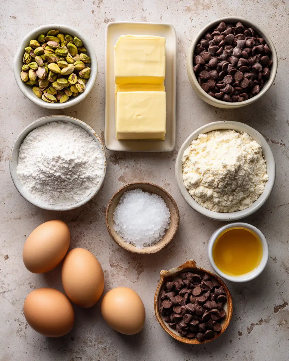 Ingredients for Irresistible Salted Pistachio Chocolate Chip Cookies for a Sweet-Savory Delight