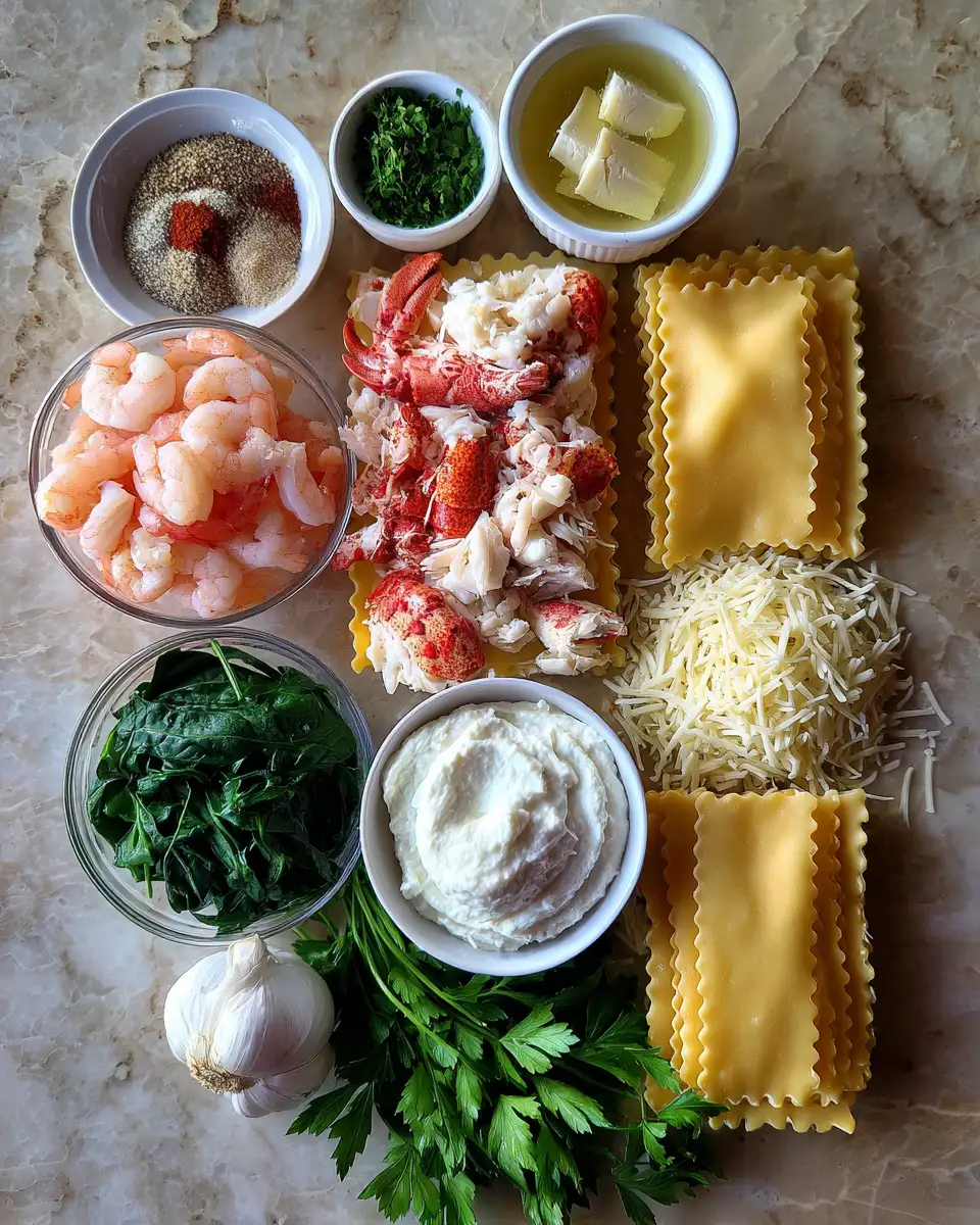 Ingredients for Dive into Decadence with Seafood Lasagna Featuring Shrimp and Lobster