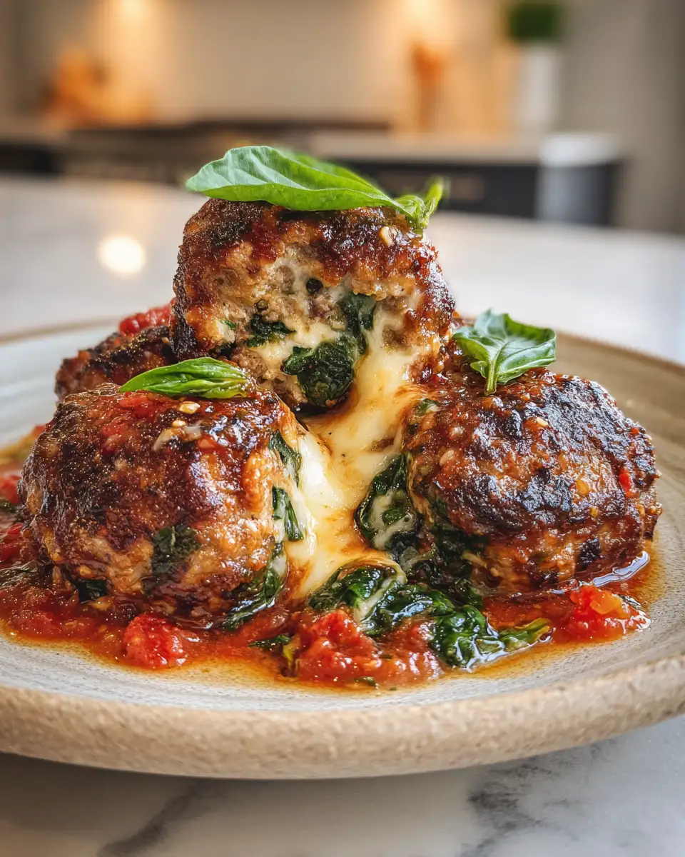Final dish - Irresistible Spinach Garlic Meatballs Stuffed with Melty Mozzarella Delight
