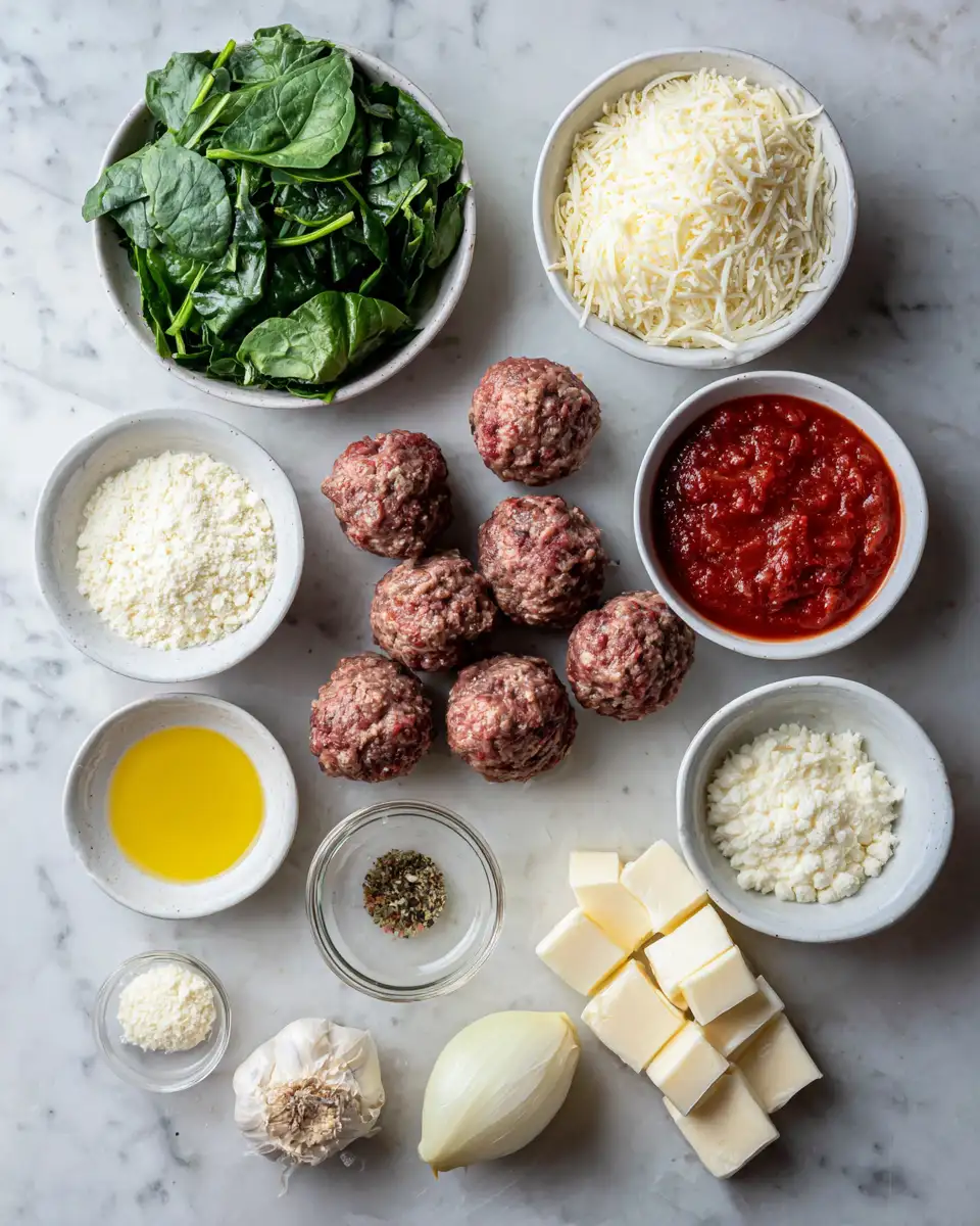 Ingredients for Irresistible Spinach Garlic Meatballs Stuffed with Melty Mozzarella Delight