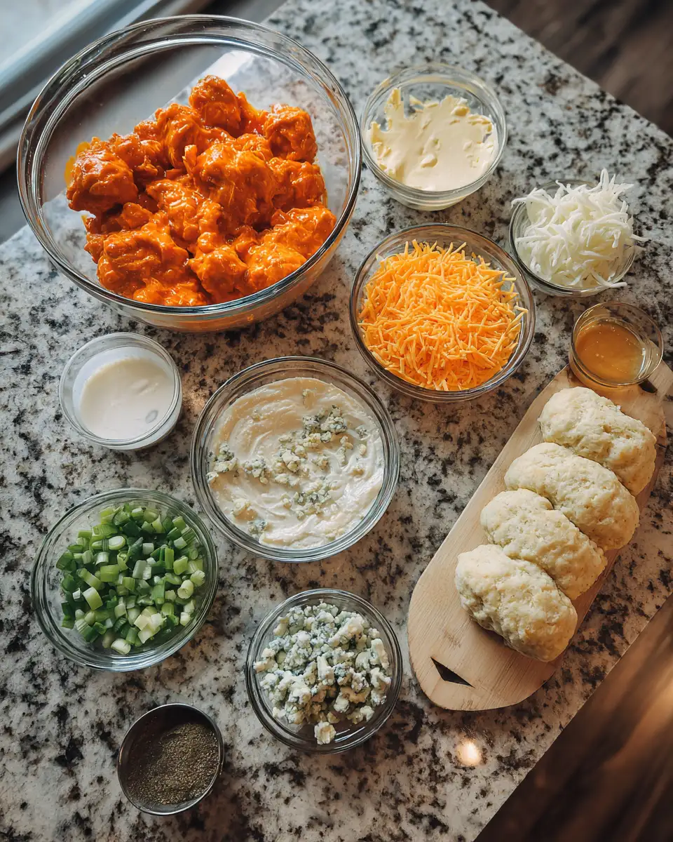 Ingredients for Bite Into Boldness: Buffalo Chicken Stuffed Biscuits Explosion