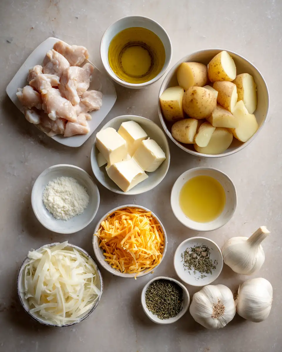 Ingredients for Ultimate Comfort: Creamy Garlic Butter Chicken Potato Casserole Delight