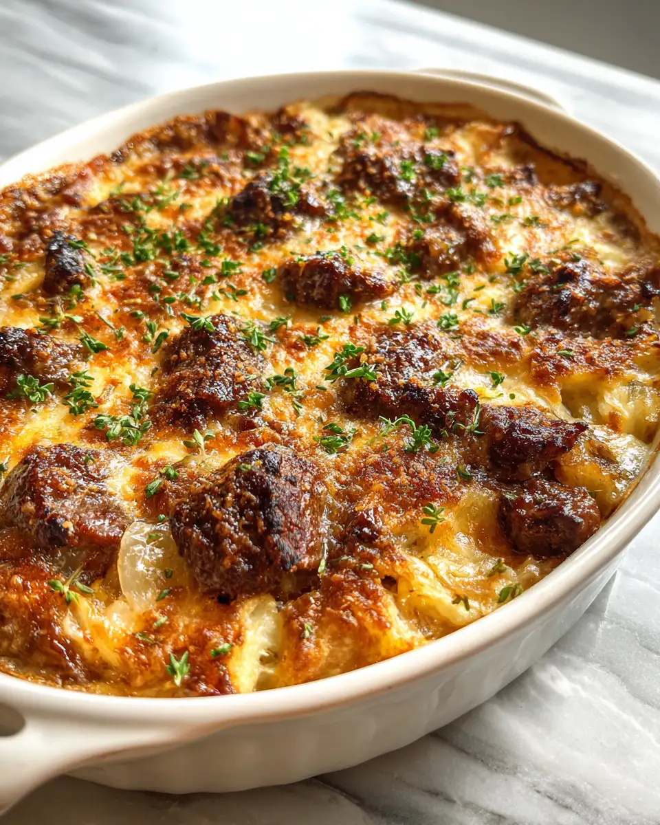 Final dish - Savor the Comfort: Irresistible French Onion Beef Casserole Delight