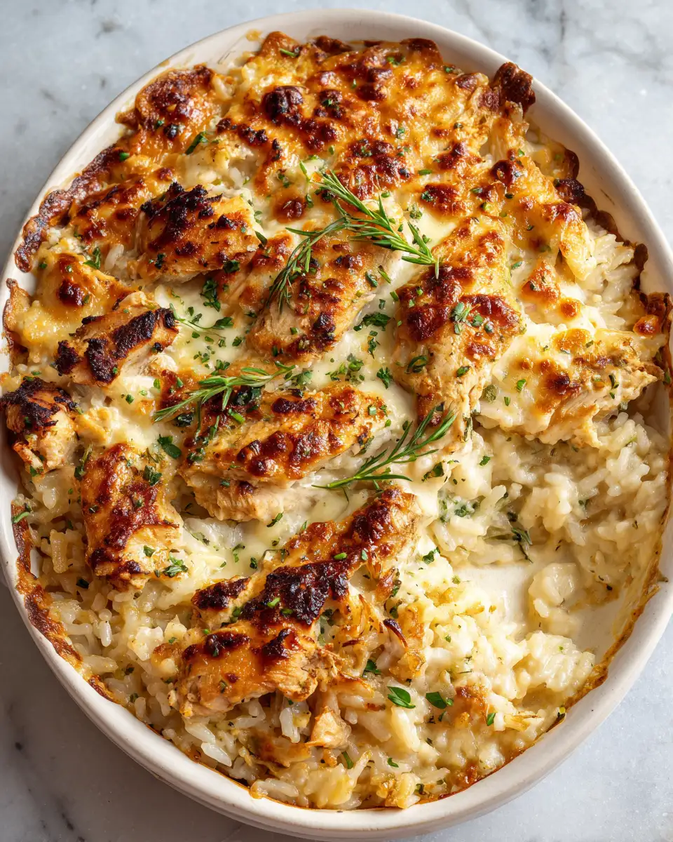 Final dish - Creamy Garlic Butter Chicken Alfredo Rice Bake Delight