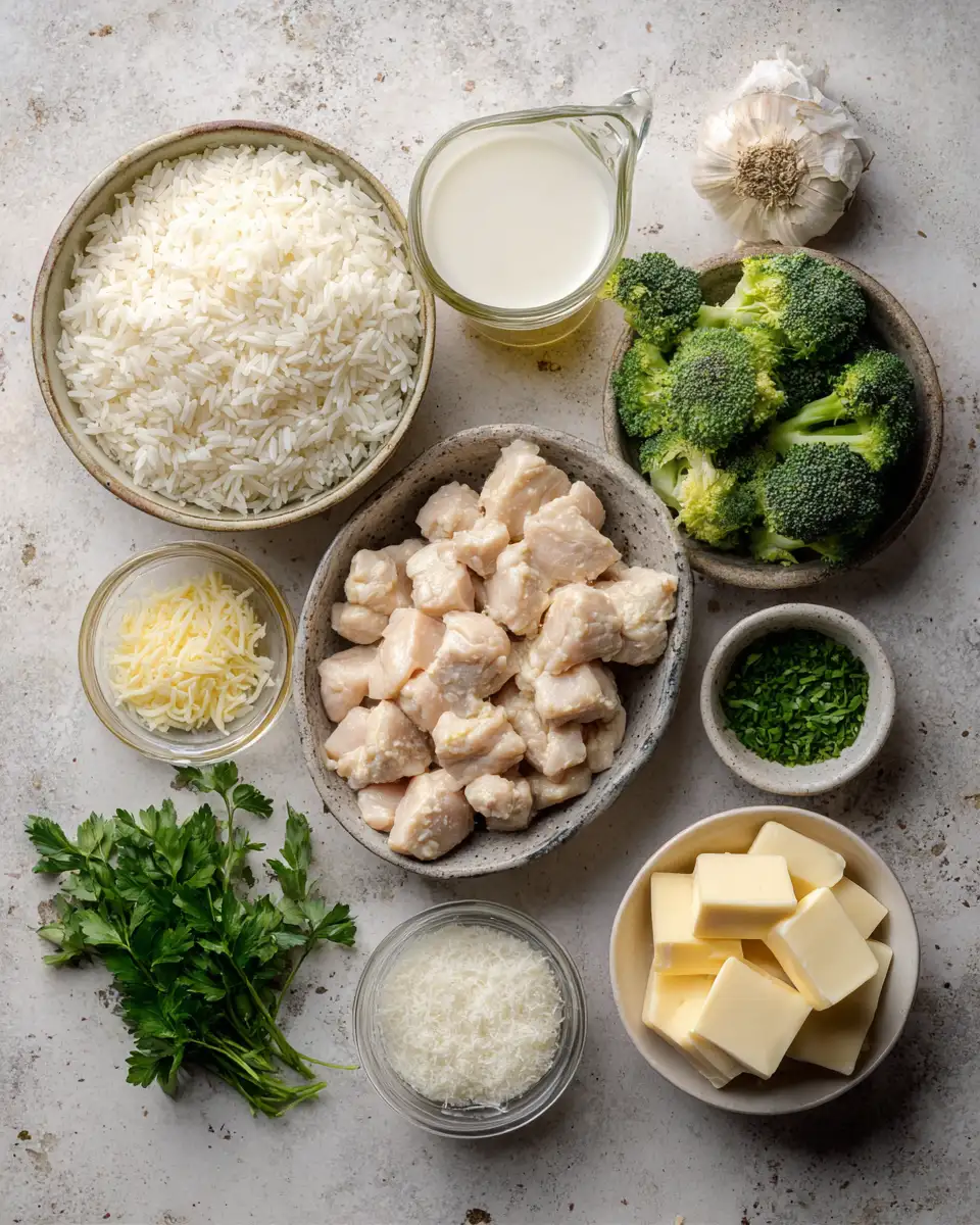 Ingredients for Creamy Garlic Butter Chicken Alfredo Rice Bake Delight