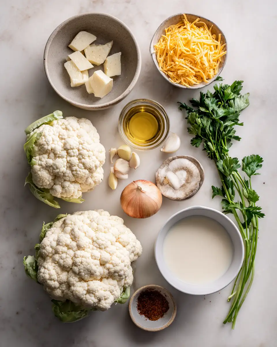 Ingredients for Creamy Garlic Cauliflower Cheddar Soup: A Comforting Bowl of Flavor