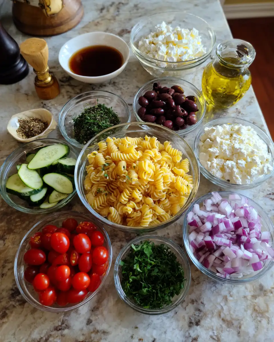 Ingredients for Mediterranean Magic: Greek Pasta Salad with Feta Delight