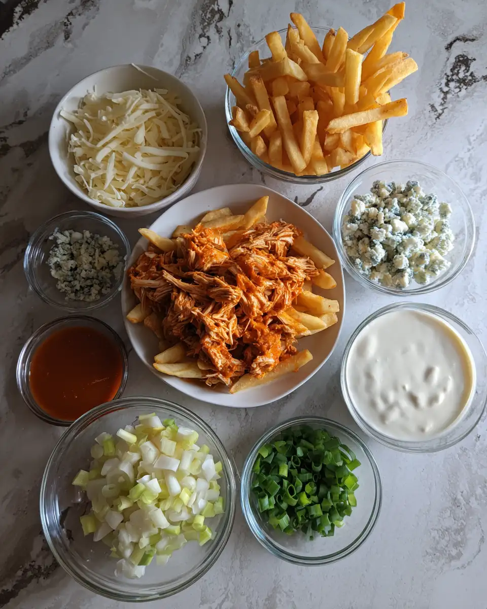 Ingredients for Ultimate Loaded Buffalo Chicken Fries Delight