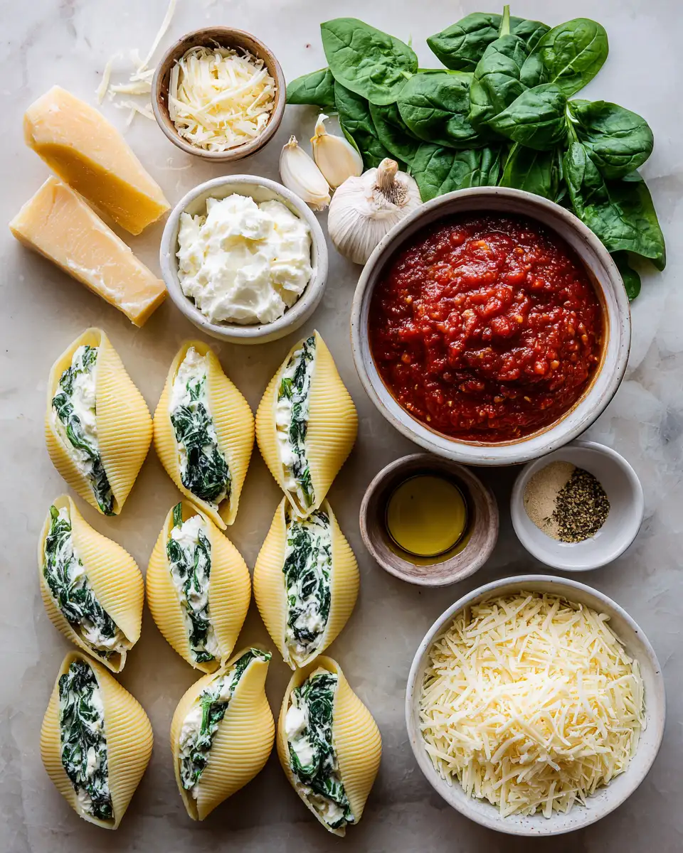 Ingredients for Irresistible Spinach and Ricotta Stuffed Shells for a Cozy Italian Night